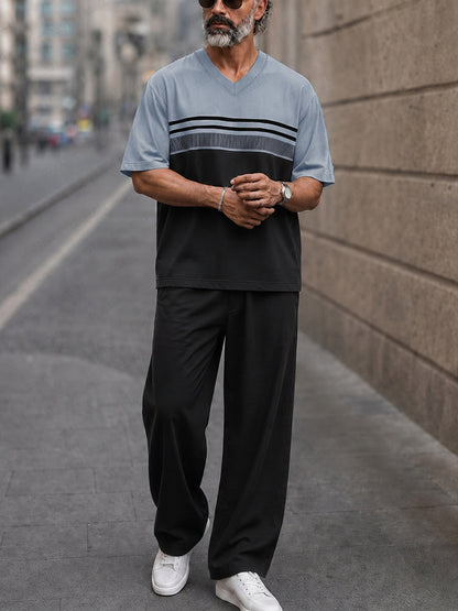 Casual Loose Color Block T-shirt Pants Set