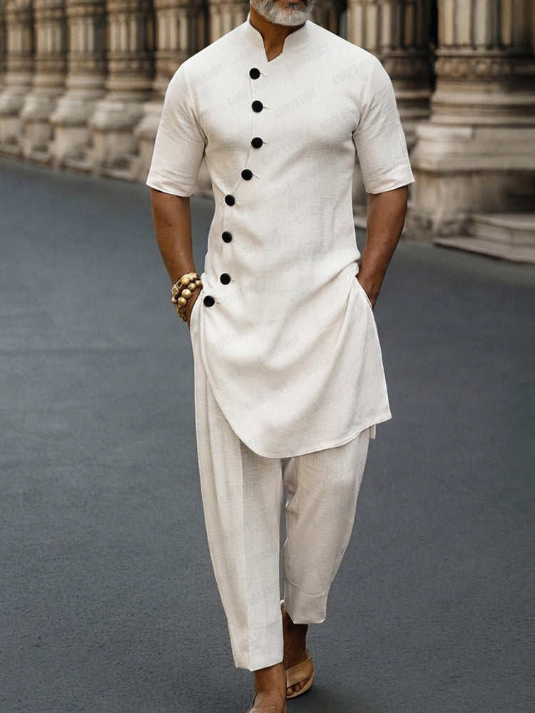 Premium Cotton Diagonal Placket Longline Top Pants Set