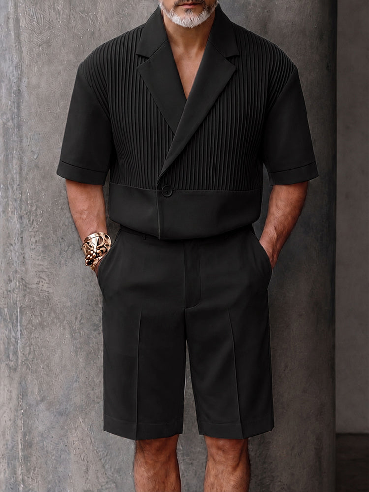 Smart Casual Pleated Short Sleeve Blazer Shorts Set