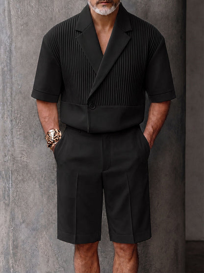 Smart Casual Pleated Short Sleeve Blazer Shorts Set