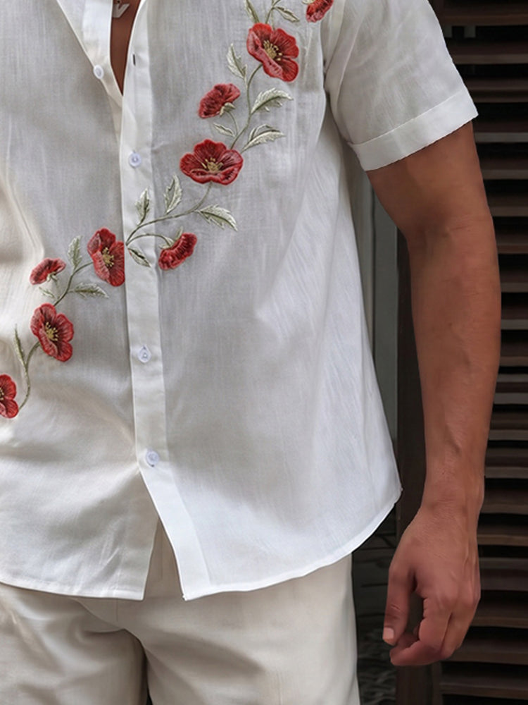 Summer Floral Embroidered 100% Cotton Shirt