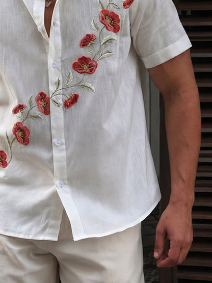Summer Floral Embroidered 100% Cotton Shirt