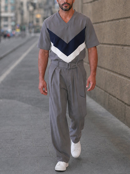 Casual Loose Color Block T-shirt Pants Sets