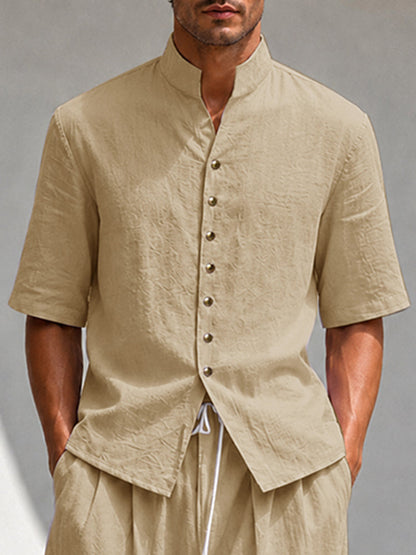 Summer Casual 100% Cotton Stand Collar Shirt Set
