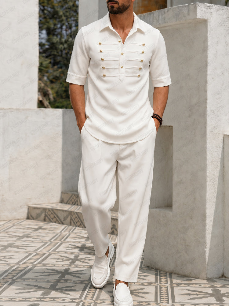 Retro Casual Golden Button Decor Shirt Pants Set