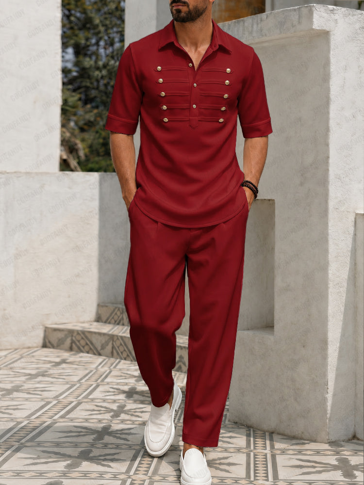 Retro Casual Golden Button Decor Shirt Pants Set
