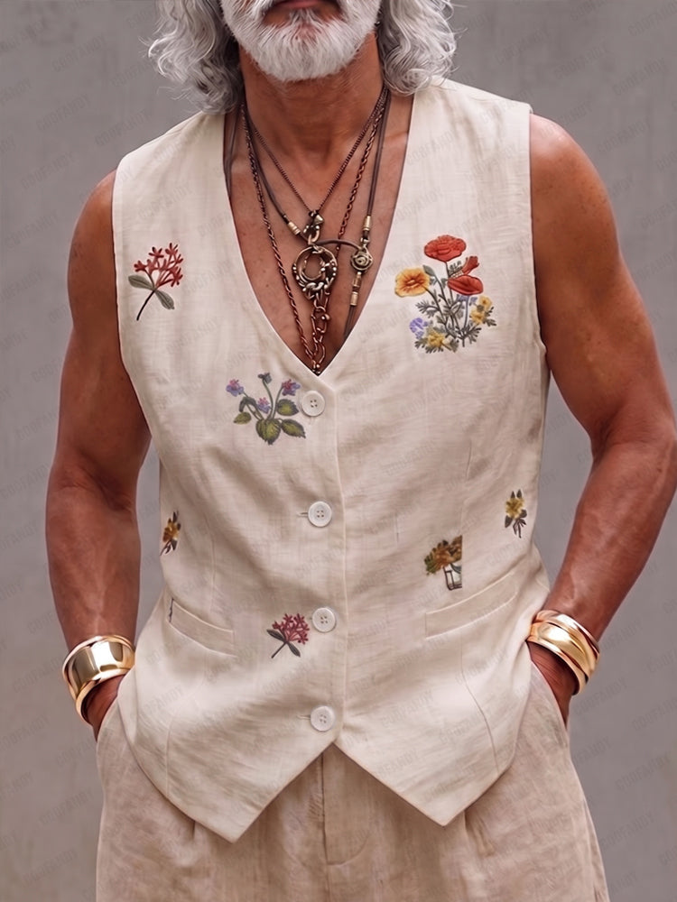 Summer Floral Embroidered Cotton Vest