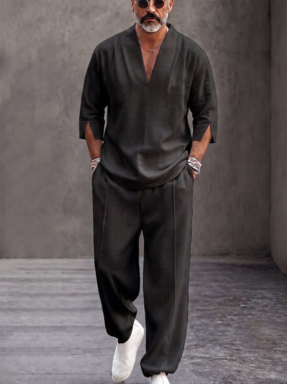 Minimalist Urban 100% Cotton V-Neck Top Pants Set