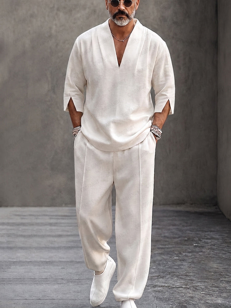 Minimalist Urban 100% Cotton V-Neck Top Pants Set