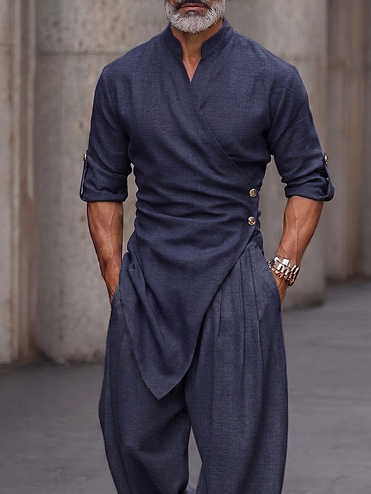 Urban Casual Button-Front Wrap Shirt Pants Set