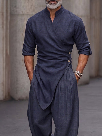 Urban Casual Button-Front Wrap Shirt Pants Set