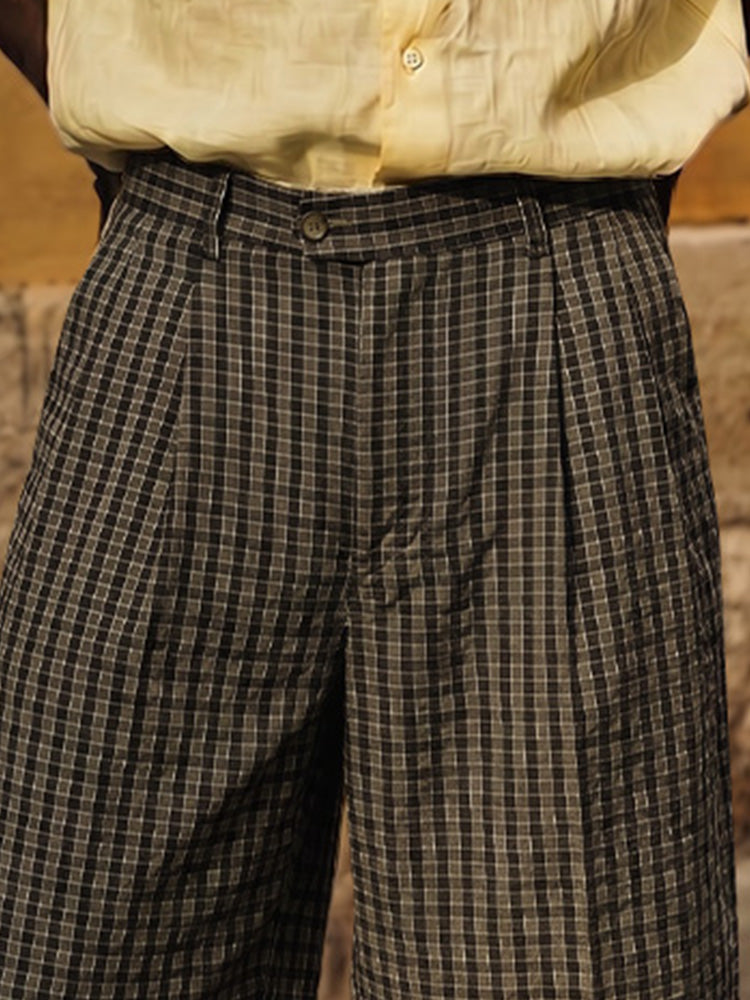 Classic Vintage Puckered Texture Plaid Shorts