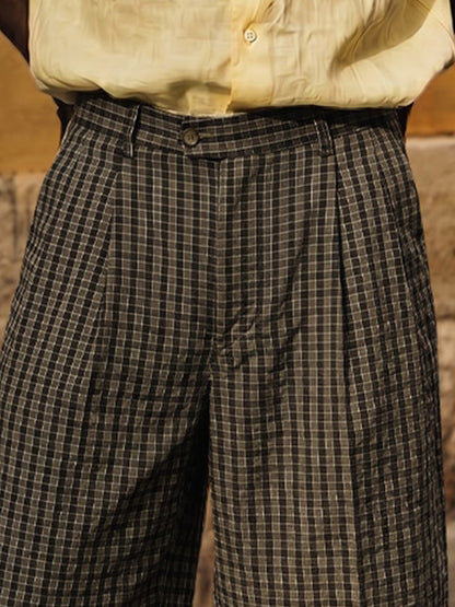Classic Vintage Puckered Texture Plaid Shorts