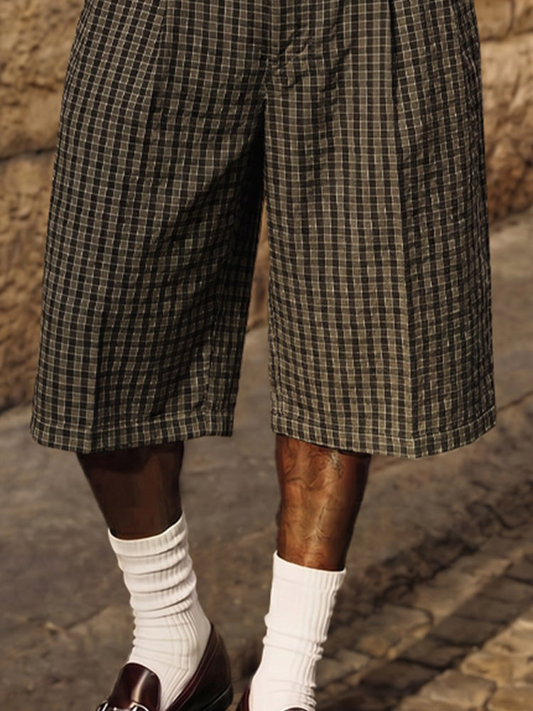 Classic Vintage Puckered Texture Plaid Shorts