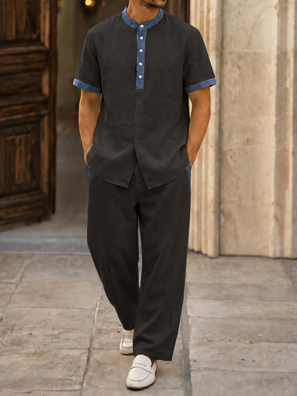 Casual 100% Cotton Contrast Henley Shirt Set