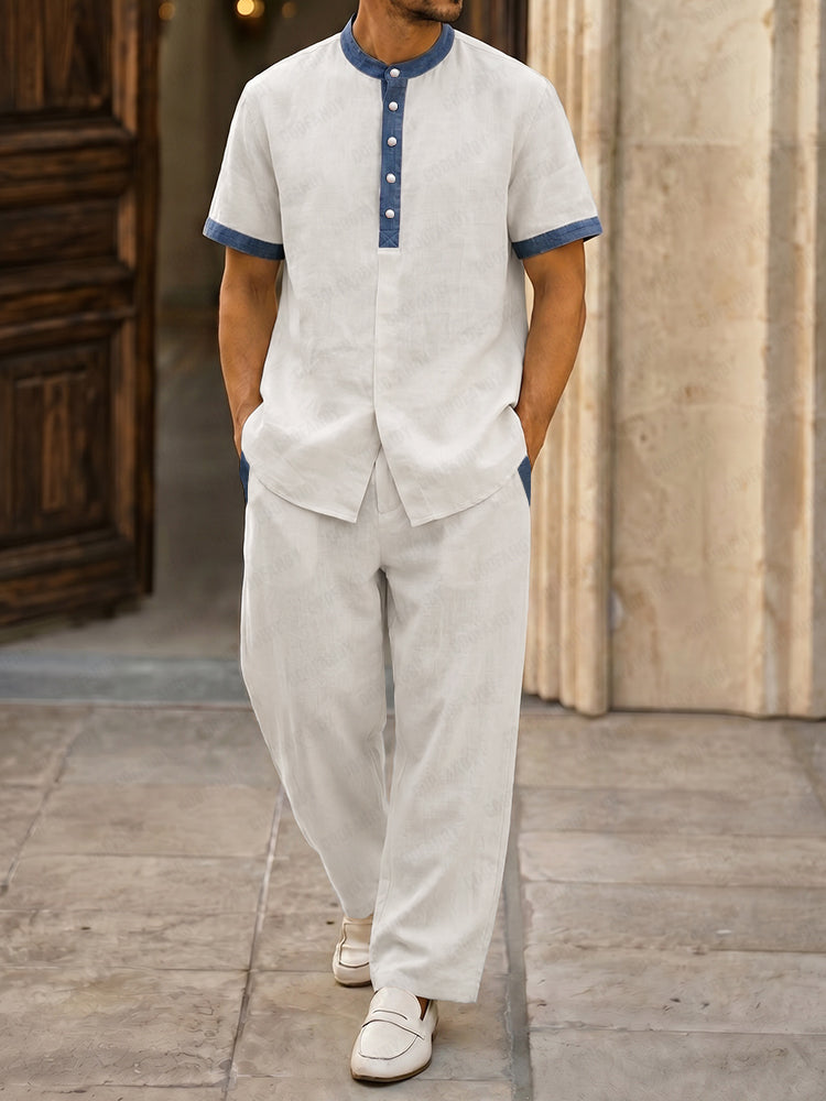 Casual 100% Cotton Contrast Henley Shirt Set