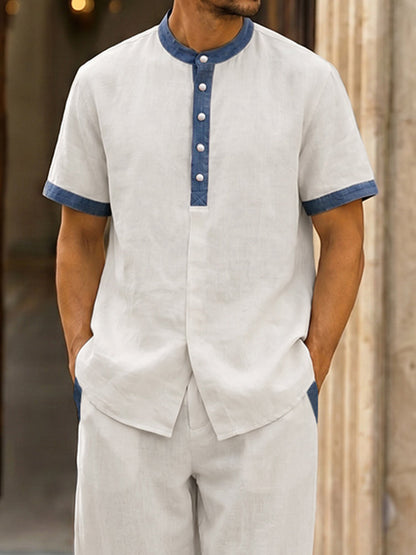 Casual 100% Cotton Contrast Henley Shirt Set