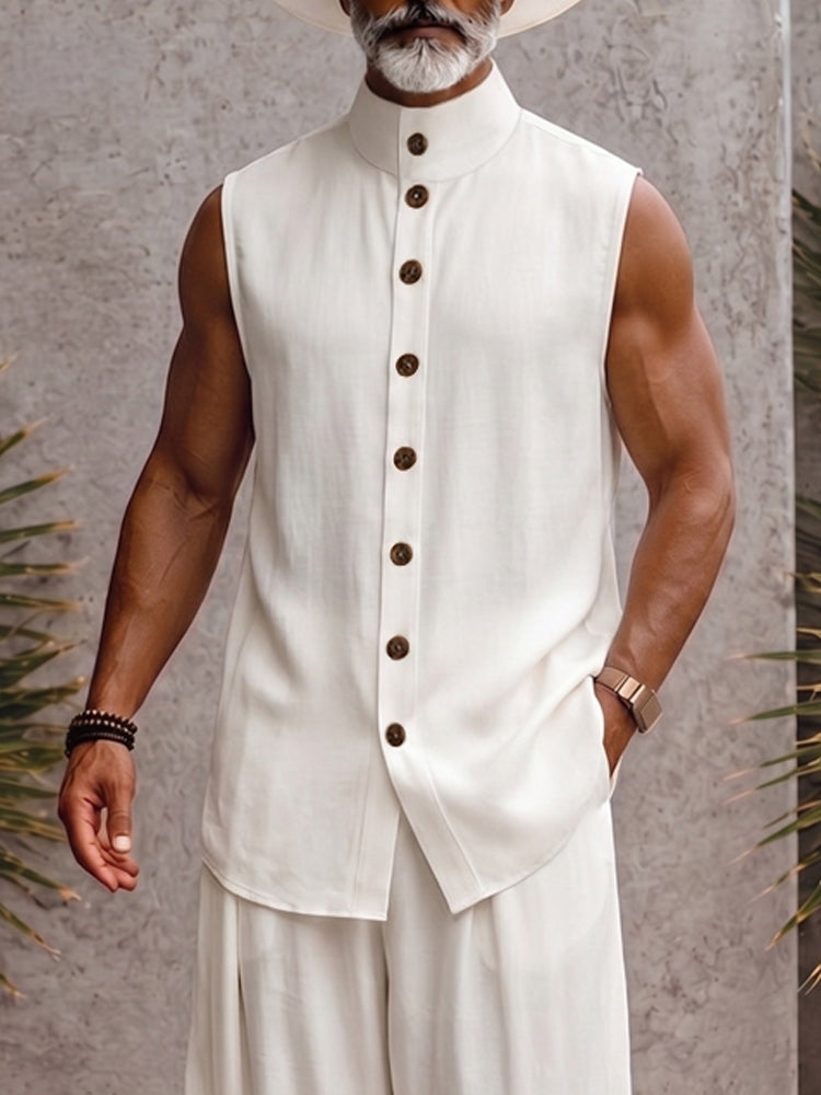 Urban Casual Sleeveless Stand Collar Shirt Set