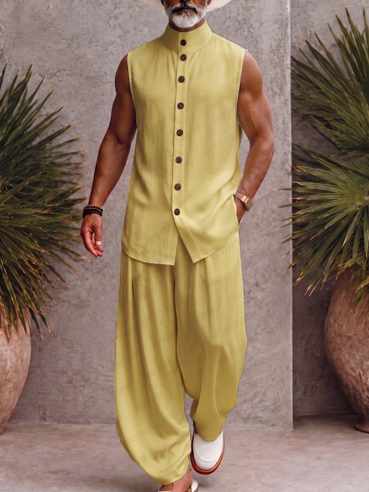 Urban Casual Sleeveless Stand Collar Shirt Set