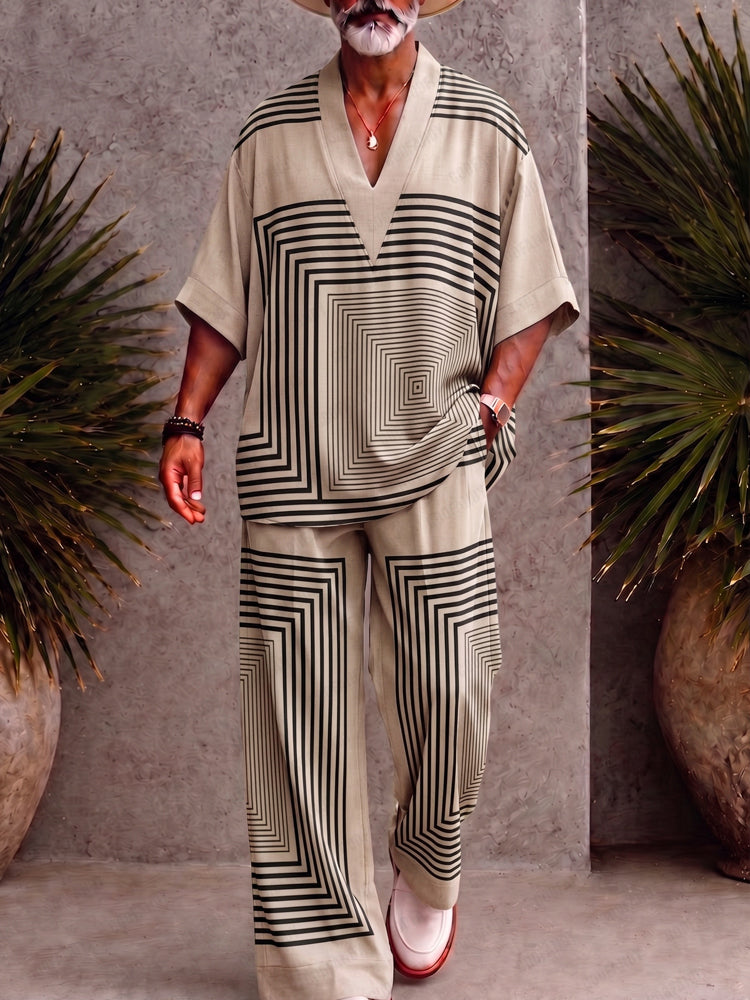 Casual Loose Printed V-Neck Top and Pants Set