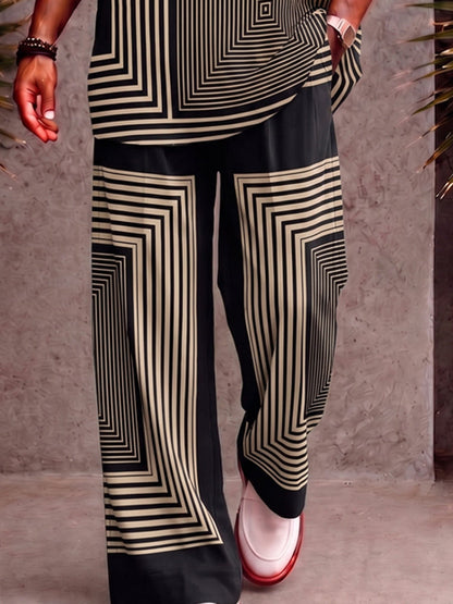 Casual Loose Printed V-Neck Top and Pants Set