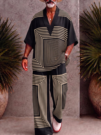 Casual Loose Printed V-Neck Top and Pants Set