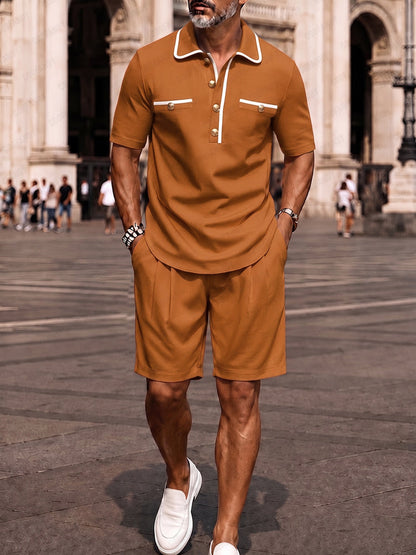 Elegant Contrast Trim Polo Shirt Shorts Set