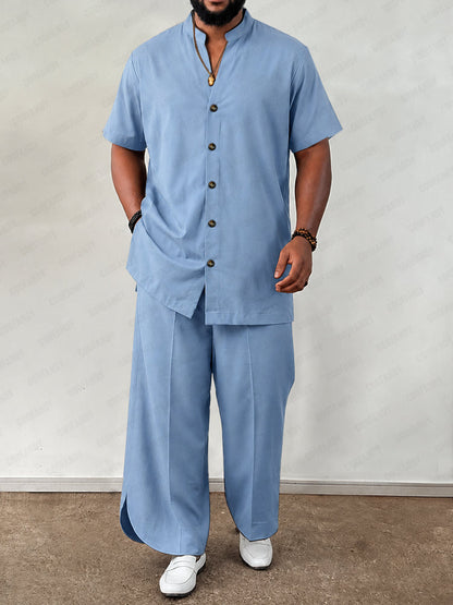 Casual Loose Mandarin Collar Shirt Pants Set