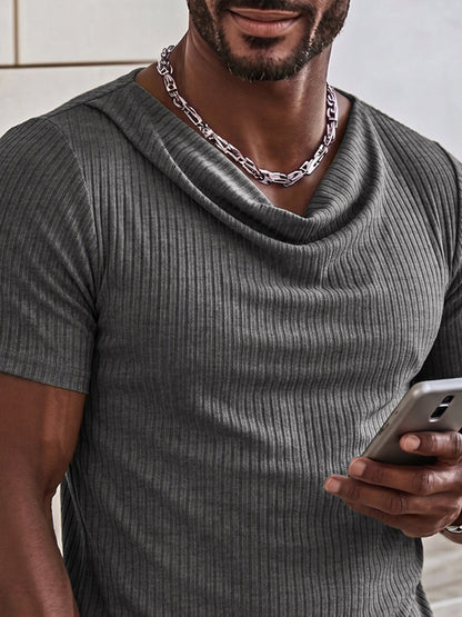 Slim Fit Vertical Ribbed Cowl Neck T-Shirt