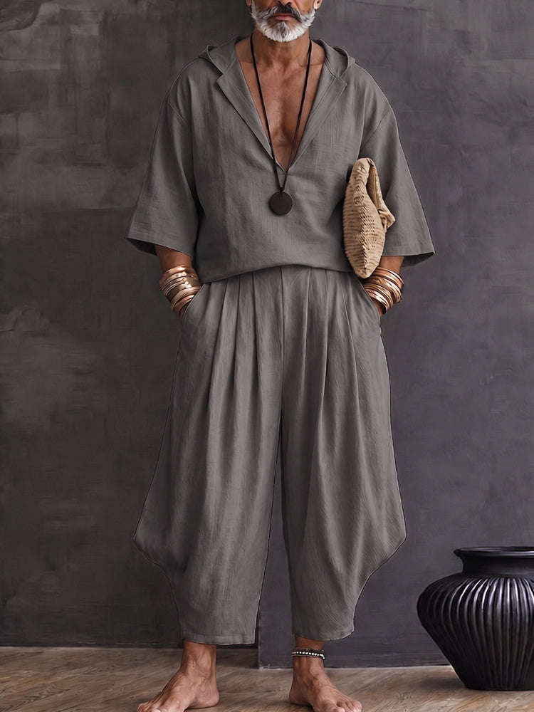 Trendy 100% Cotton Hooded Top and Lantern Pants Set