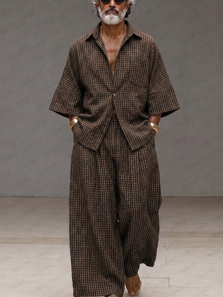 Vintage Loose Plaid Shirt and Wide-Leg Pants Set