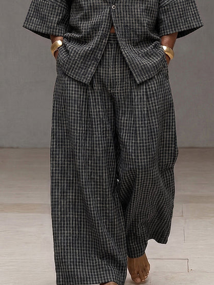 Vintage Loose Plaid Shirt and Wide-Leg Pants Set