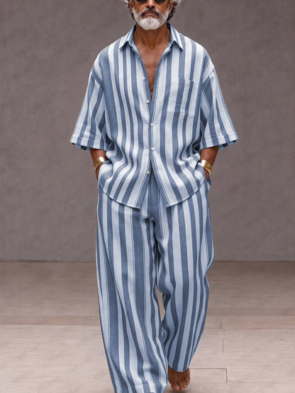 Versatile Loose Fit Wide Striped Shirt Pants Set