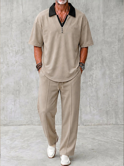 Urban Casual Contrast Collar Shirt Pants Set