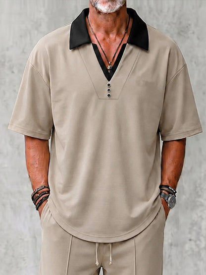 Urban Casual Contrast Collar Shirt Pants Set