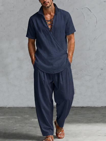 Casual 100% Cotton Crossover Front Shirt Pant Set