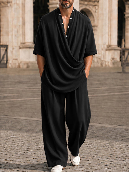 Casual Loose Button Accent Cross-Front T-Shirt Set