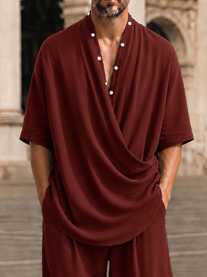 Casual Loose Button Accent Cross-Front T-Shirt Set