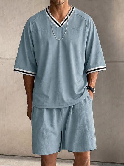 Casual Contrast Striped Raglan Sleeve T-Shirt Set