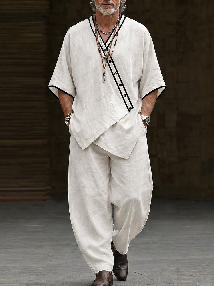 Premium Cotton Contrast Trim Pullover Top and Barrel Pants Set
