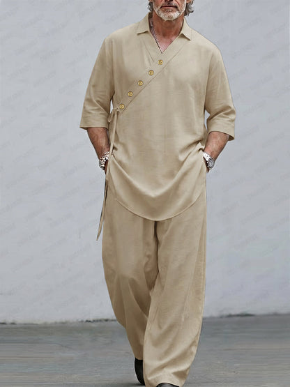 Casual Loose Decorative Slant Placket Pullover Top Pants Set