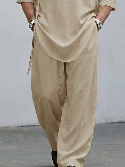 Casual Loose Decorative Slant Placket Pullover Top Pants Set