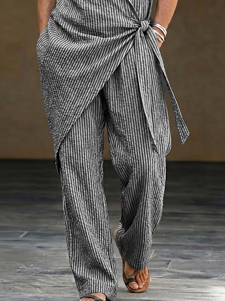 Casual Resort Loose Striped Wrap Vest Pants Set