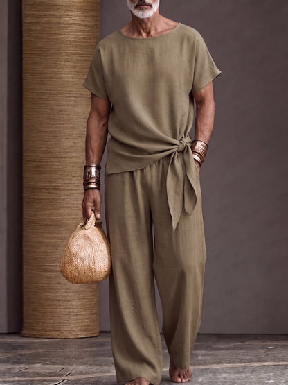 Minimalist Solid Color Tied Knot T-Shirt Pants Set