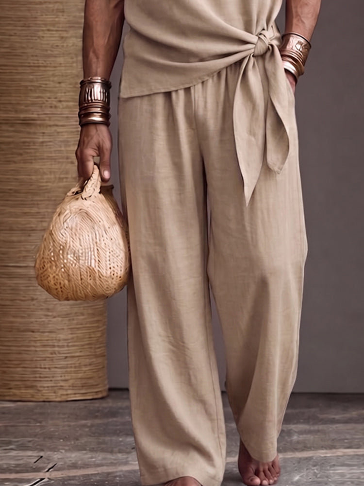 Minimalist Solid Color Tied Knot T-Shirt Pants Set