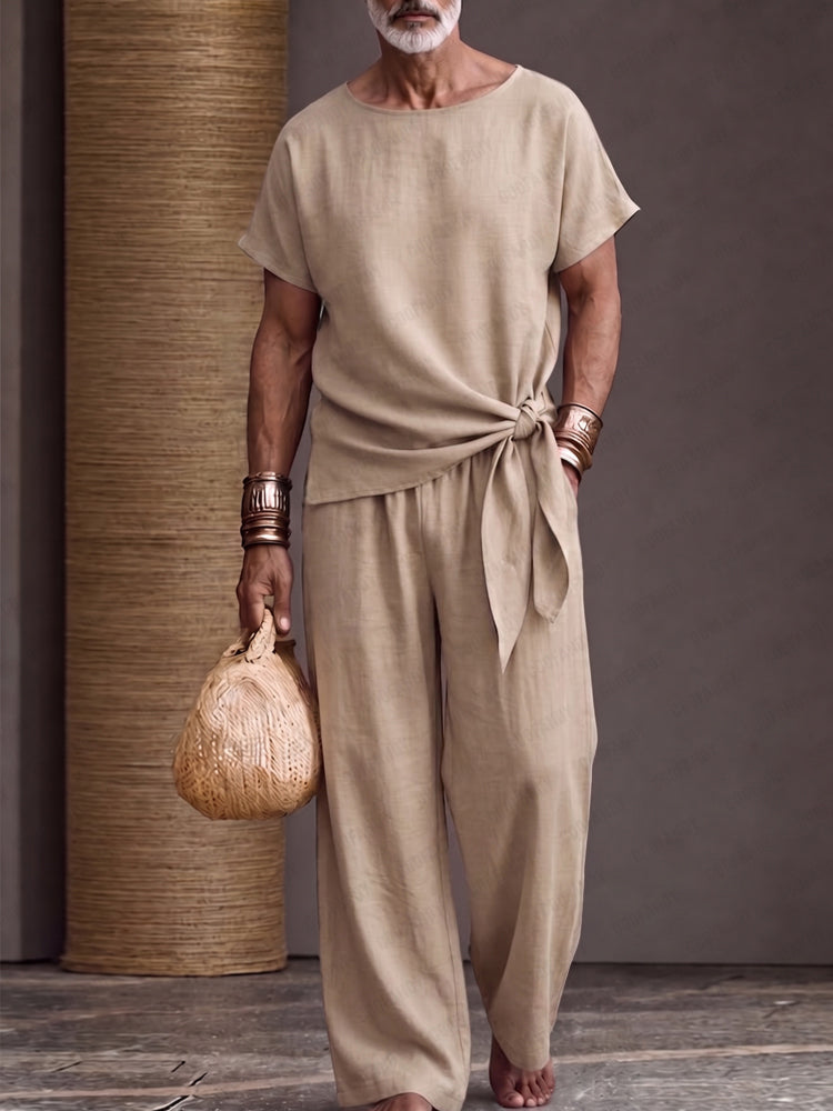 Minimalist Solid Color Tied Knot T-Shirt Pants Set