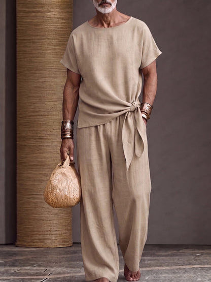 Minimalist Solid Color Tied Knot T-Shirt Pants Set