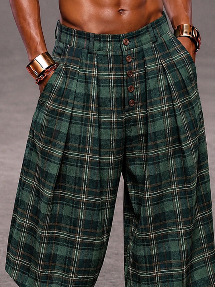 Fashion Plaided Wide Leg Cropped Pants Shorts