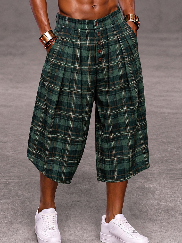 Fashion Plaided Wide Leg Cropped Pants Shorts