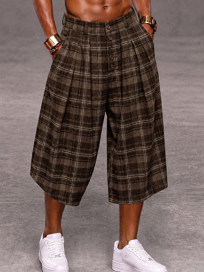 Fashion Plaided Wide Leg Cropped Pants Shorts